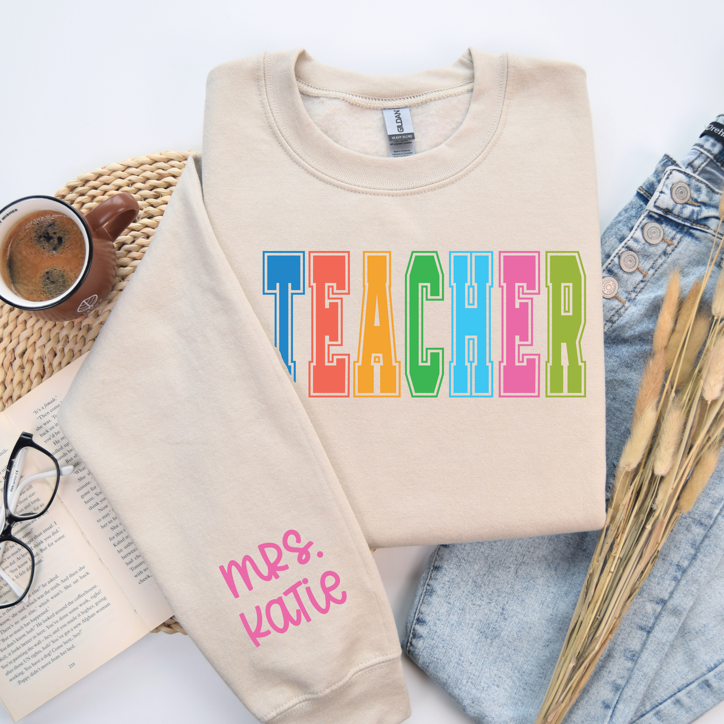 Custom Teacher Crewneck Sweatshirt with Name on Sleeve