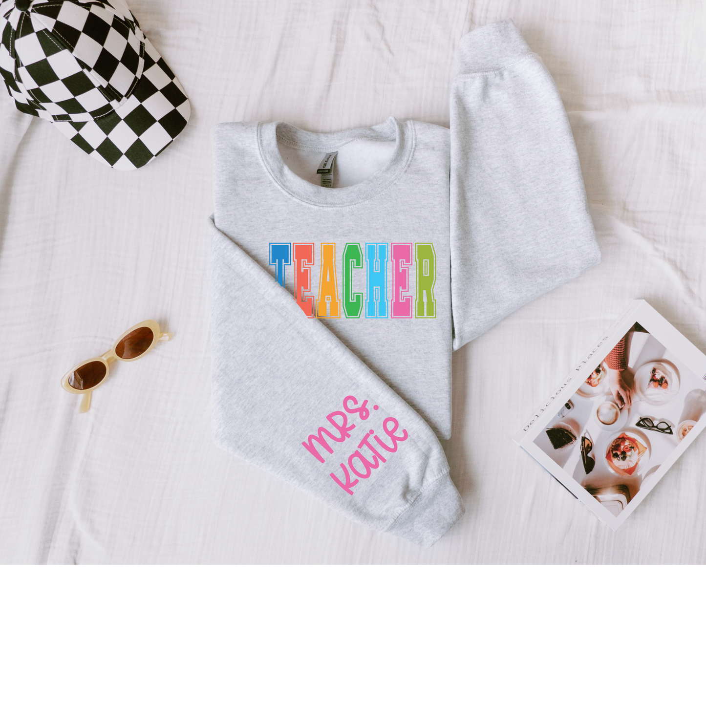 Custom Teacher Crewneck Sweatshirt with Name on Sleeve