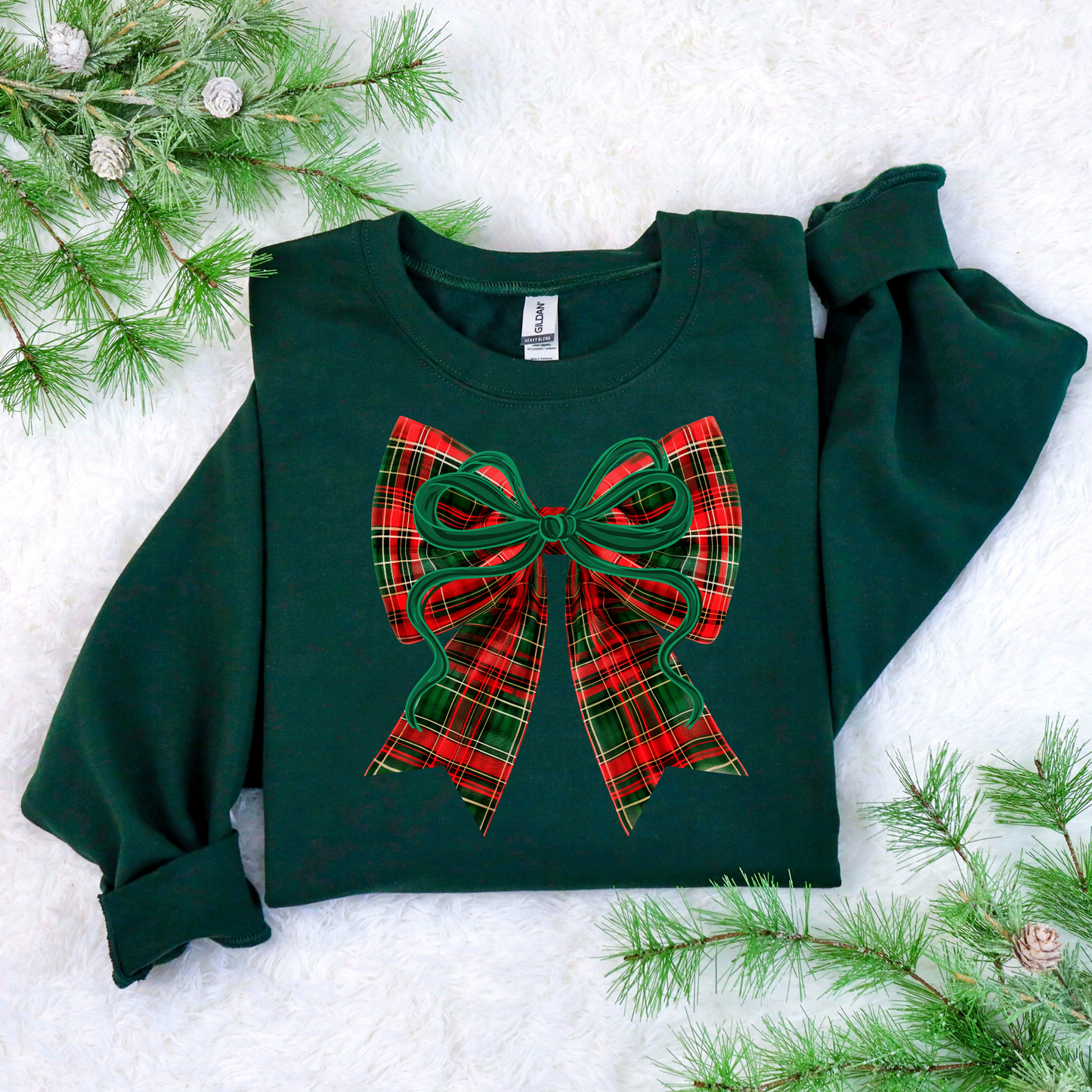 Plaid Bow Christmas Crewneck Sweatshirt | Preppy Holiday Sweatshirt | Gildan 18000