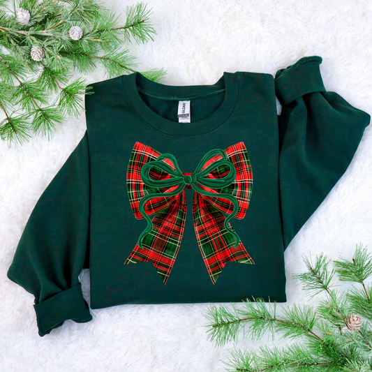 Plaid Bow Christmas Crewneck Sweatshirt | Preppy Holiday Sweatshirt | Gildan 18000
