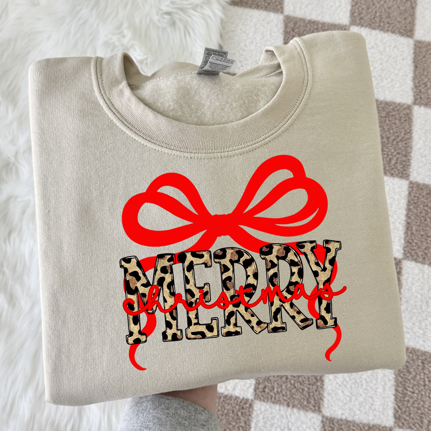 Leopard Print Bow Christmas Sweatshirt | Trendy Holiday Crewneck | Gildan 18000