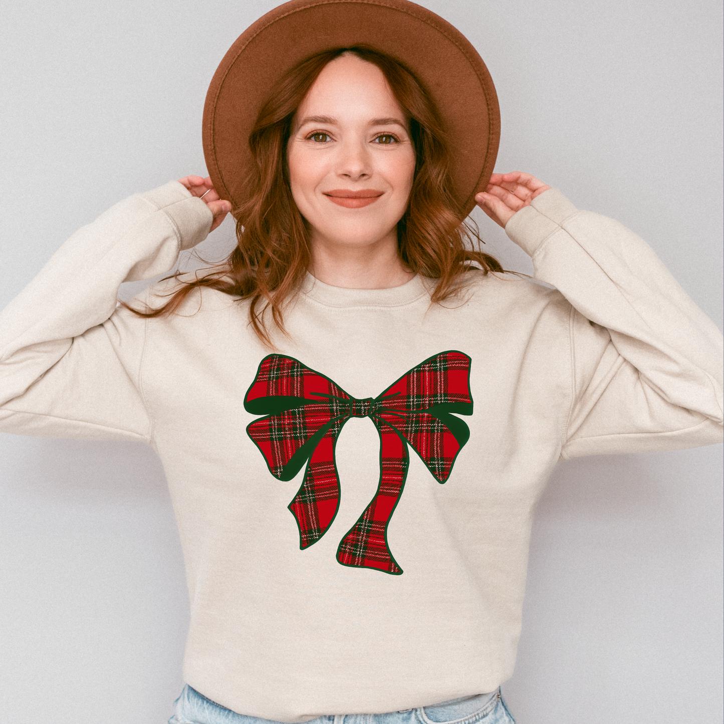 Plaid Christmas Bow Sweatshirt | Cozy Holiday Crewneck