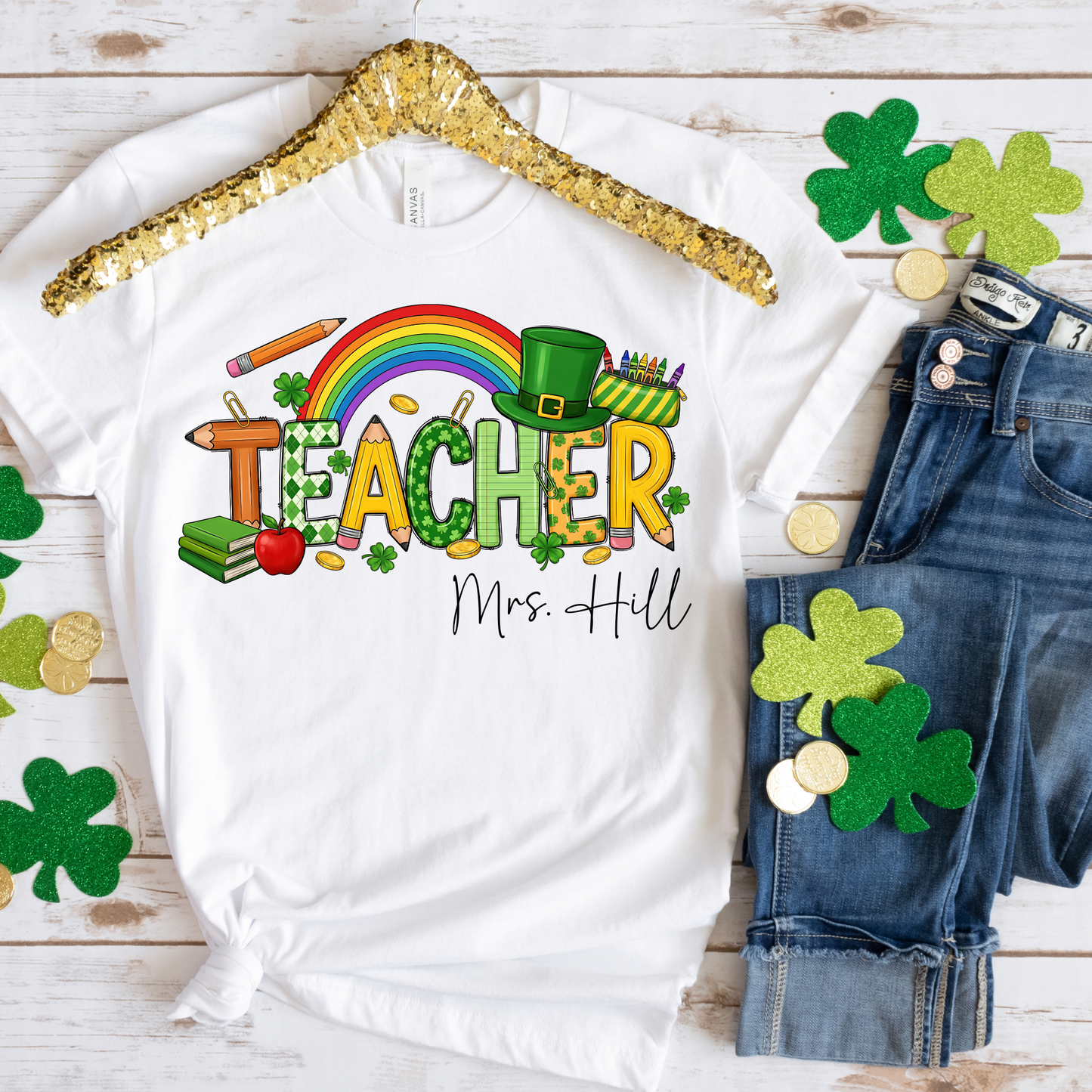 Custom St. Patrick’s Day teacher shirt featuring a festive Lucky Teacher design personalized with the teacher’s name, perfect for classroom wear, school spirit, and St. Patrick’s Day celebrations.