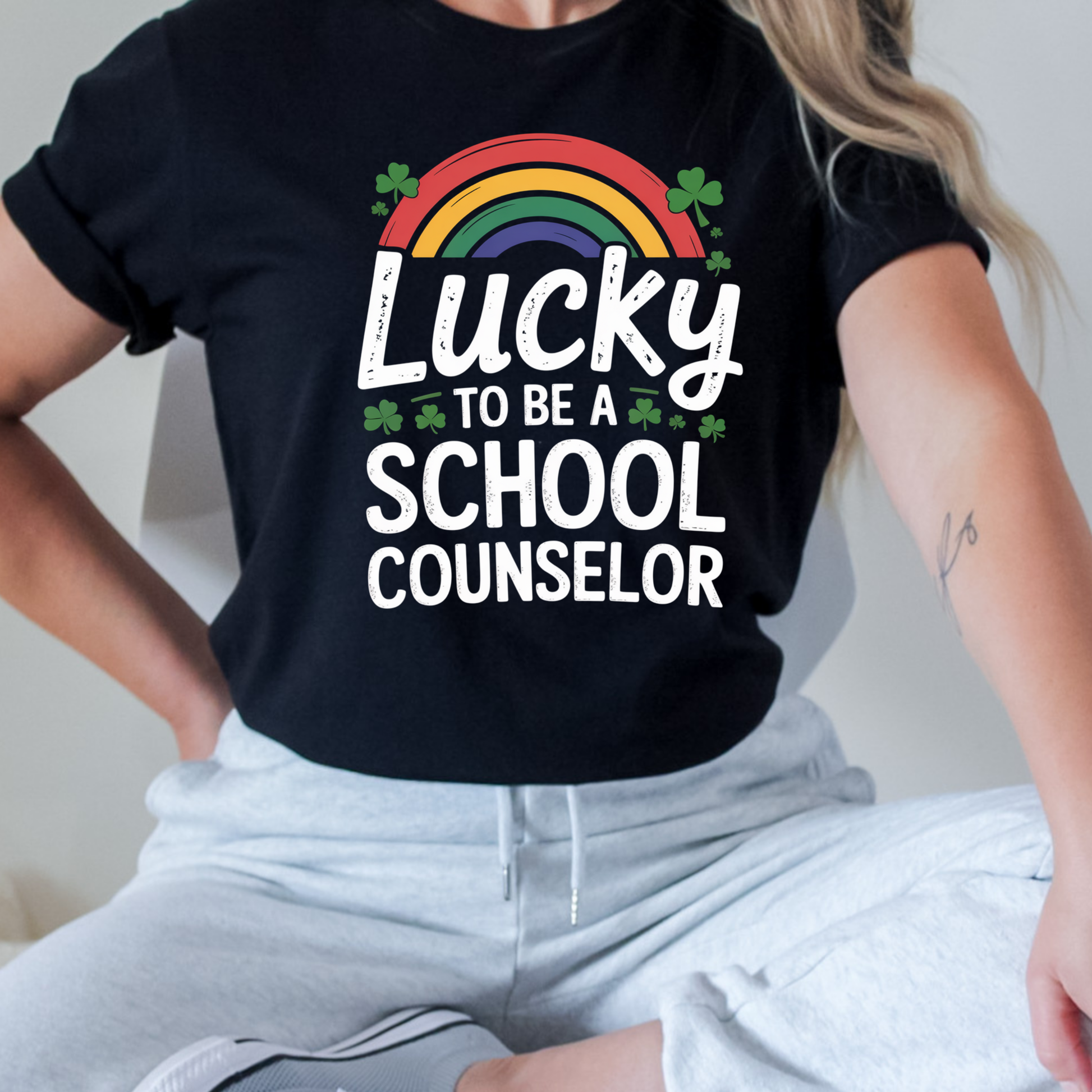 
St. Patrick’s Day school counselor shirt featuring the phrase “Lucky to Be a School Counselor,” perfect for school spirit, counseling office wear, and festive classroom celebrations.