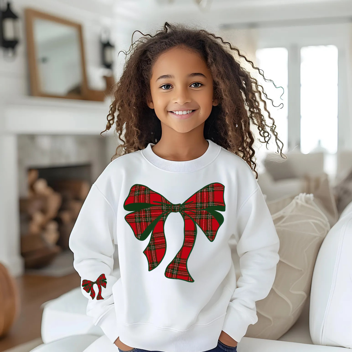 Youth Plaid Christmas Bow Sweatshirt | Cozy Holiday Crewneck