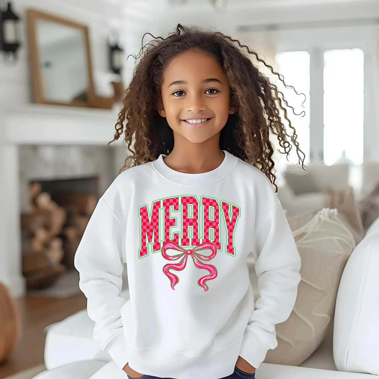 Girls Christmas MERRY Bow Sweatshirt | Cozy Holiday Crewneck