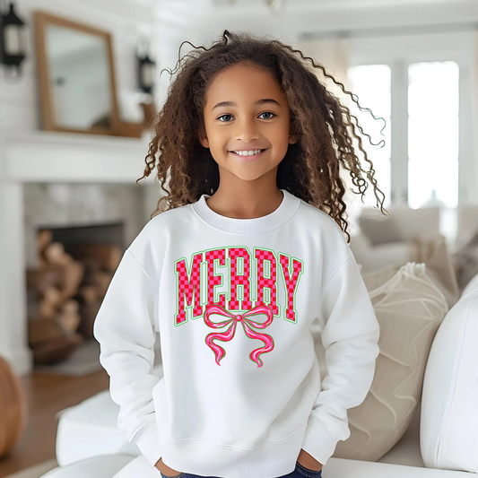 Girls Christmas MERRY Bow Sweatshirt | Cozy Holiday Crewneck