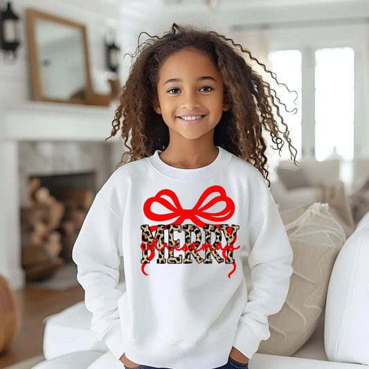 Girls Christmas LEOPARD Bow Sweatshirt | Cozy Holiday Crewneck