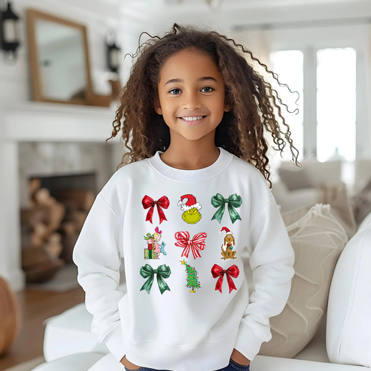 GIRLS CHRISTMAS gr1nch bow SWEATSHIRT | Cozy Holiday Crewneck
