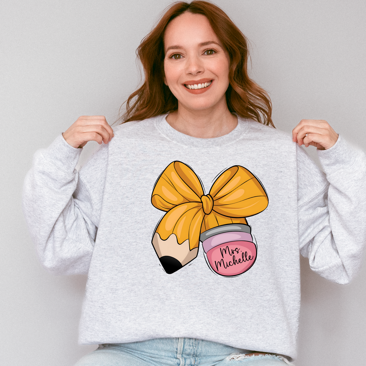 Custom Teacher Pencil Bow Crewneck Sweatshirt with Name