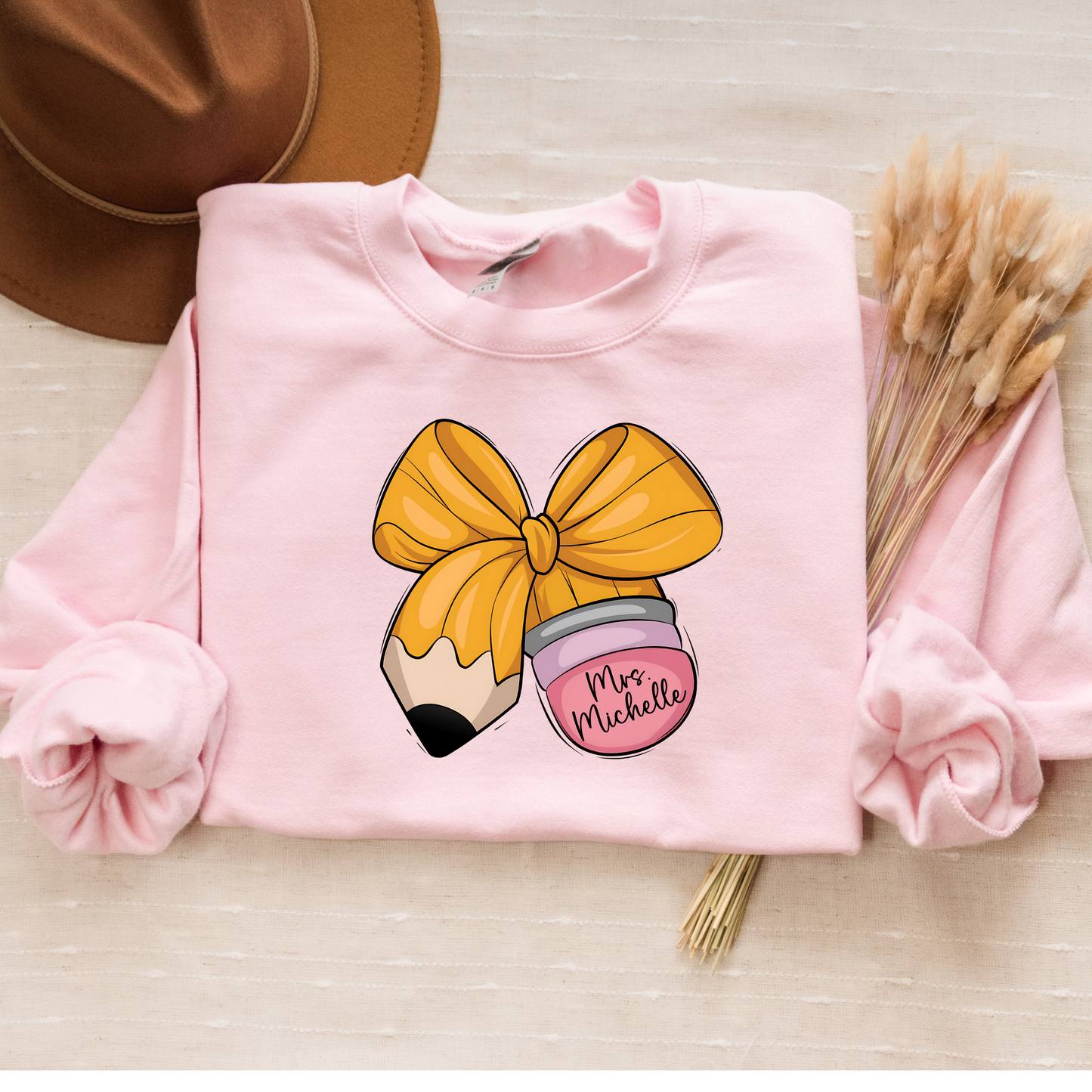 Custom Teacher Pencil Bow Crewneck Sweatshirt with Name