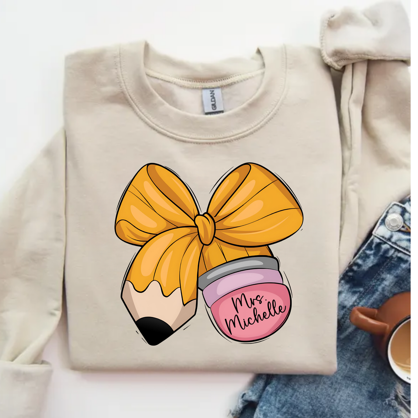 Custom Teacher Pencil Bow Crewneck Sweatshirt with Name