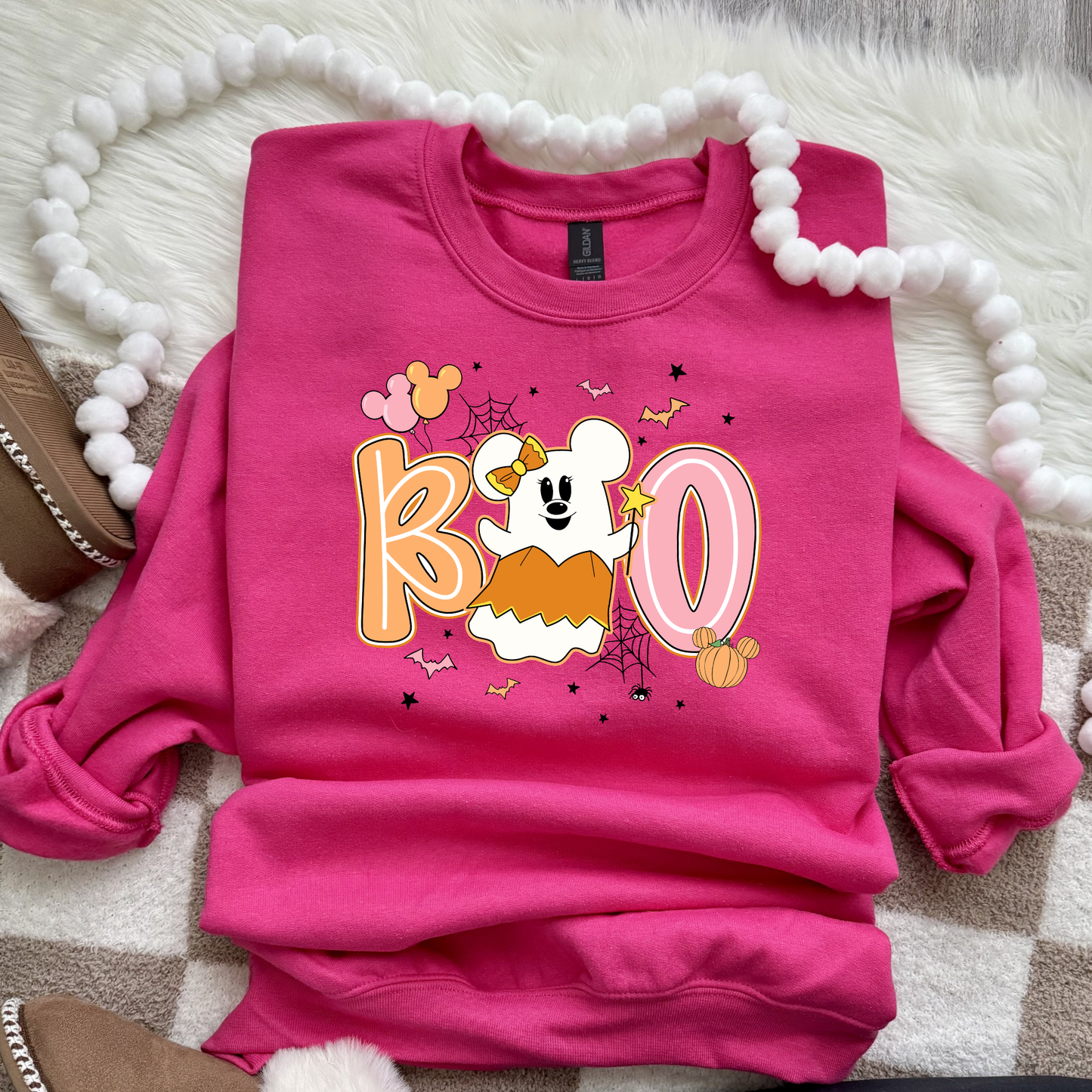 Magical Mouse Pink Ghost Cute Halloween Sweatshirt | Cute Magical Halloween Pastel Ghost Gildan Crewneck