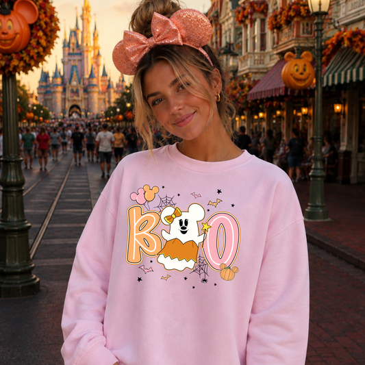 Magical Mouse Pink Ghost Cute Halloween Sweatshirt | Cute Magical Halloween Pastel Ghost Gildan Crewneck