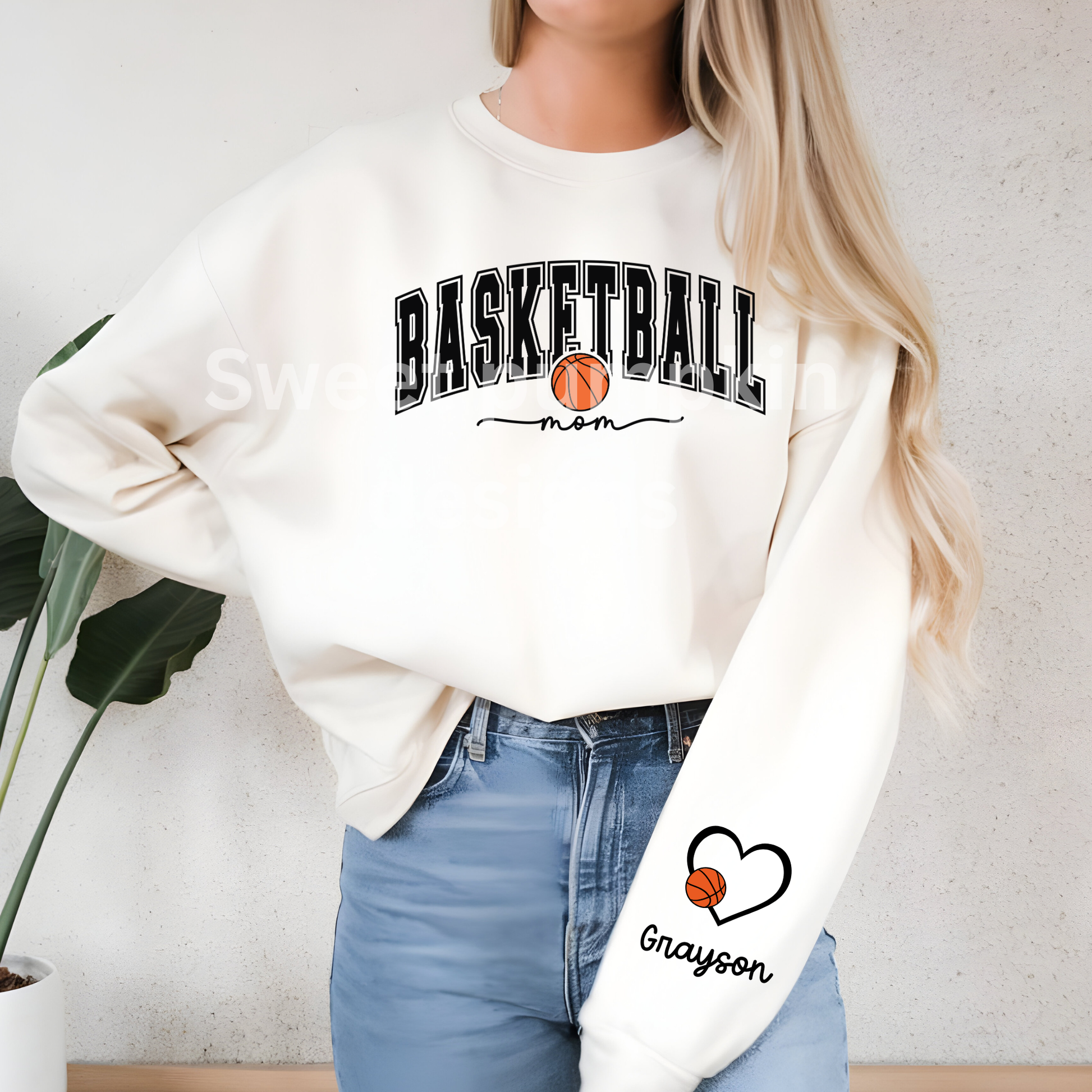 Custom Basketball Mom Sweatshirt with Kids Names on Sleeve