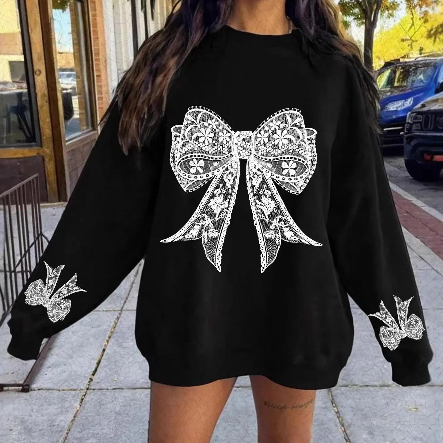 Lace Bow Sweatshirt with Matching Lace Bow Sleeve Accents
