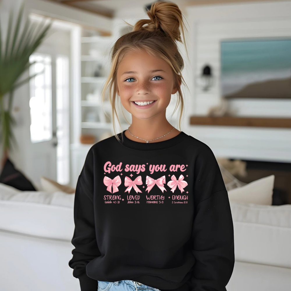 God Says I Am Kids Christian Sweatshirt | Pink Bow Faith Crewneck with Scripture | Youth Christian Girls Sweatshirt