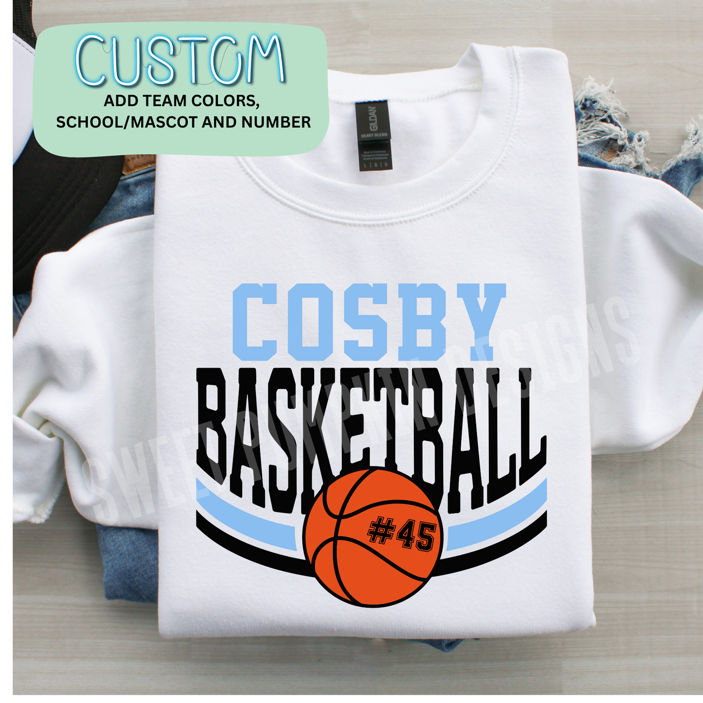 Custom basketball sweatshirt with team name, mascot, and player number on Gildan 18000 crewneck