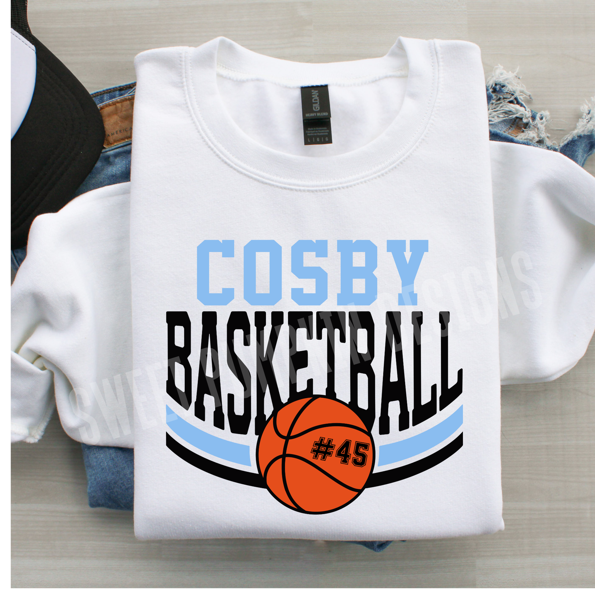 Custom basketball sweatshirt with team name, mascot, and player number on Gildan 18000 crewneck