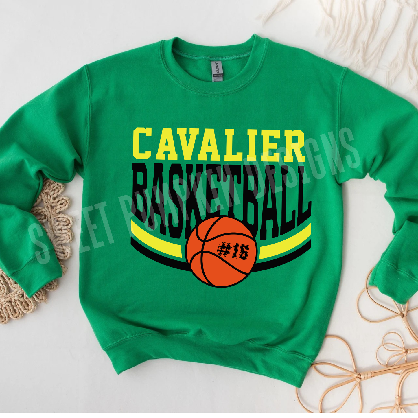 Custom basketball sweatshirt with team name, mascot, and player number on Gildan 18000 crewneck