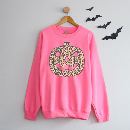 Leopard print jack-o-lantern pumpkin sweatshirt on Gildan 18000 crewneck, fall Halloween graphic sweatshirt, Sweet Pumpkin Designs VA