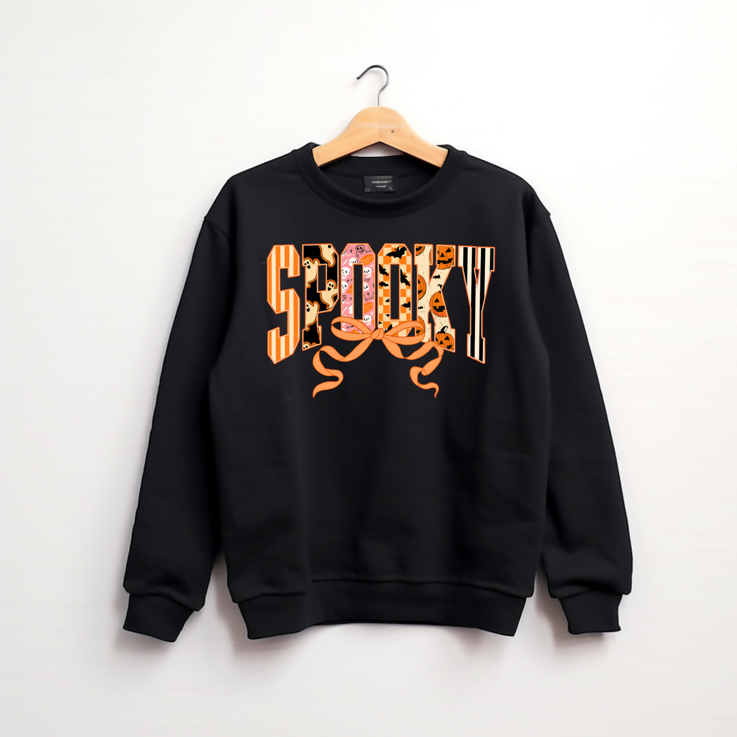 Coquette bow spooky Halloween sweatshirt on Gildan 18000 crewneck, cute fall graphic sweatshirt for women, Sweet Pumpkin Designs VA