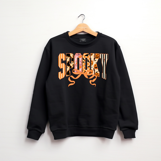 Coquette bow spooky Halloween sweatshirt on Gildan 18000 crewneck, cute fall graphic sweatshirt for women, Sweet Pumpkin Designs VA