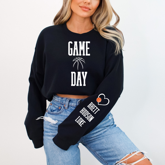 Custom Basketball GAME DAY Sweatshirt – Personalized Kids’ Names on Sleeve | Gildan 18000 Crewneck | Basketball Mom Gift