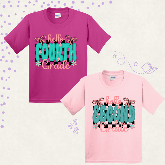 Hello Grade Level Back to School Shirt for Girls | Kids Pink Bow School Tee