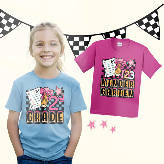 Retro Checkered Pencil Grade Level Back to School Shirt for Girls | Kids Pink Bow School Tee