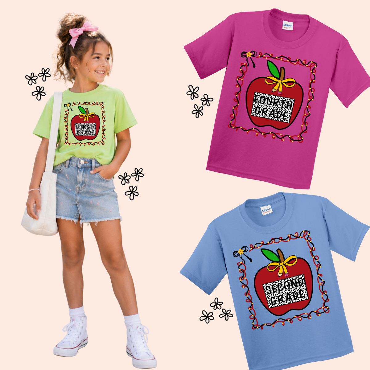 Retro Checkered Pencil Bow & Apple Grade Level Back to School Shirt for Girls | Kids Bow School Tee