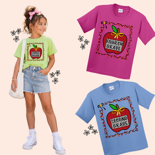 Retro Checkered Pencil Bow & Apple Grade Level Back to School Shirt for Girls | Kids Bow School Tee
