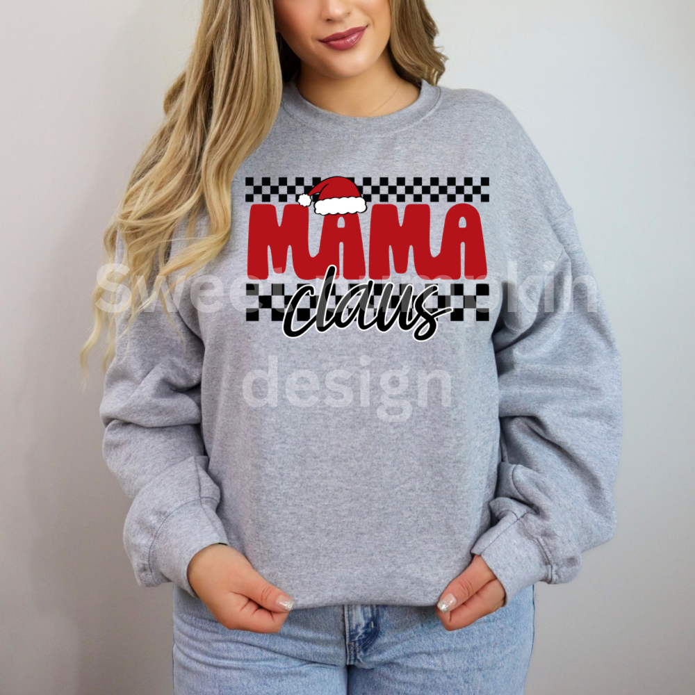 Gray sweatshirt with 'Mama Claus' text and checkered border worn by a person.