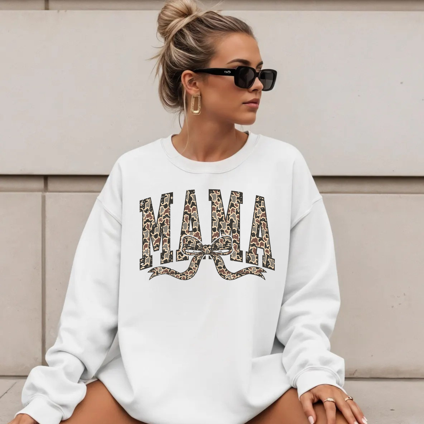 Camo Bow Mama Sweatshirt | Gildan 18500 Cozy Mom Crewneck | Trendy Neutral Mama Sweatshirt | Gift for Mom