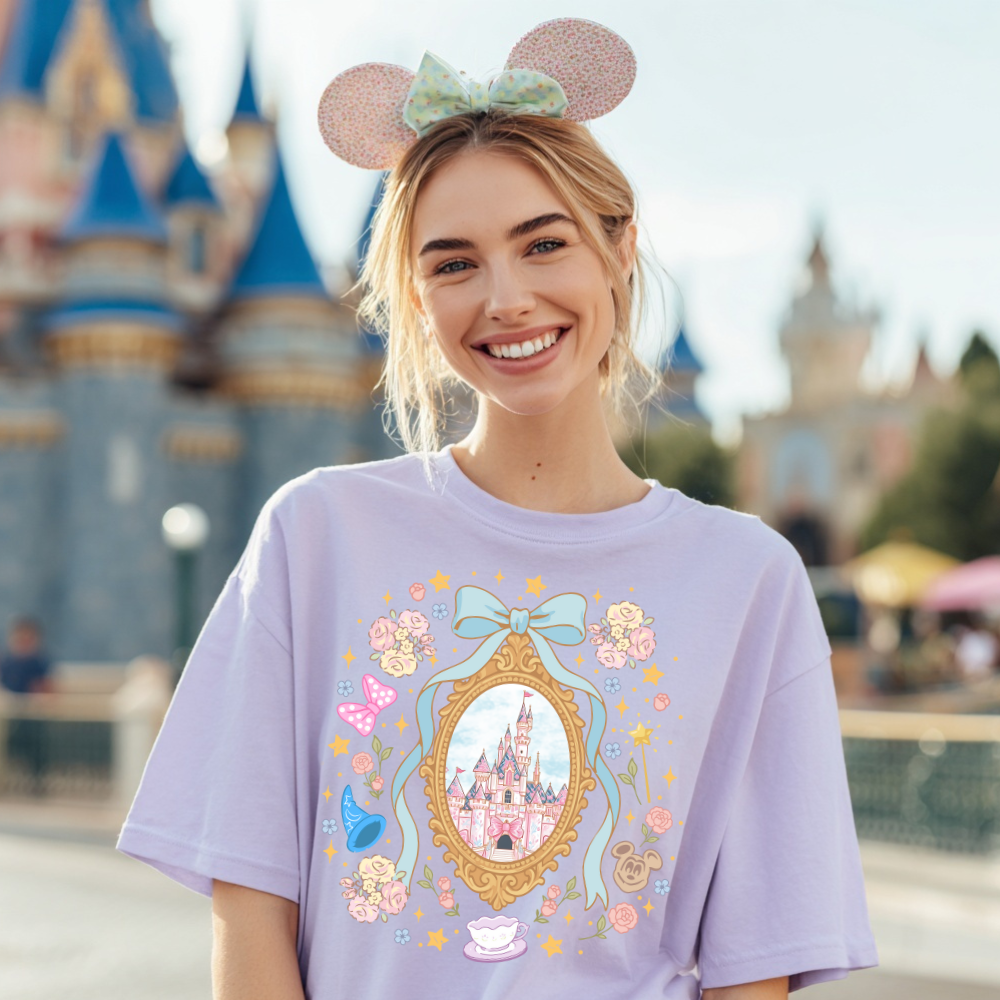 Magical Castle Bow Shirt | Pink Bow Castle Tee | Fairy Tale Park Outfit for Women