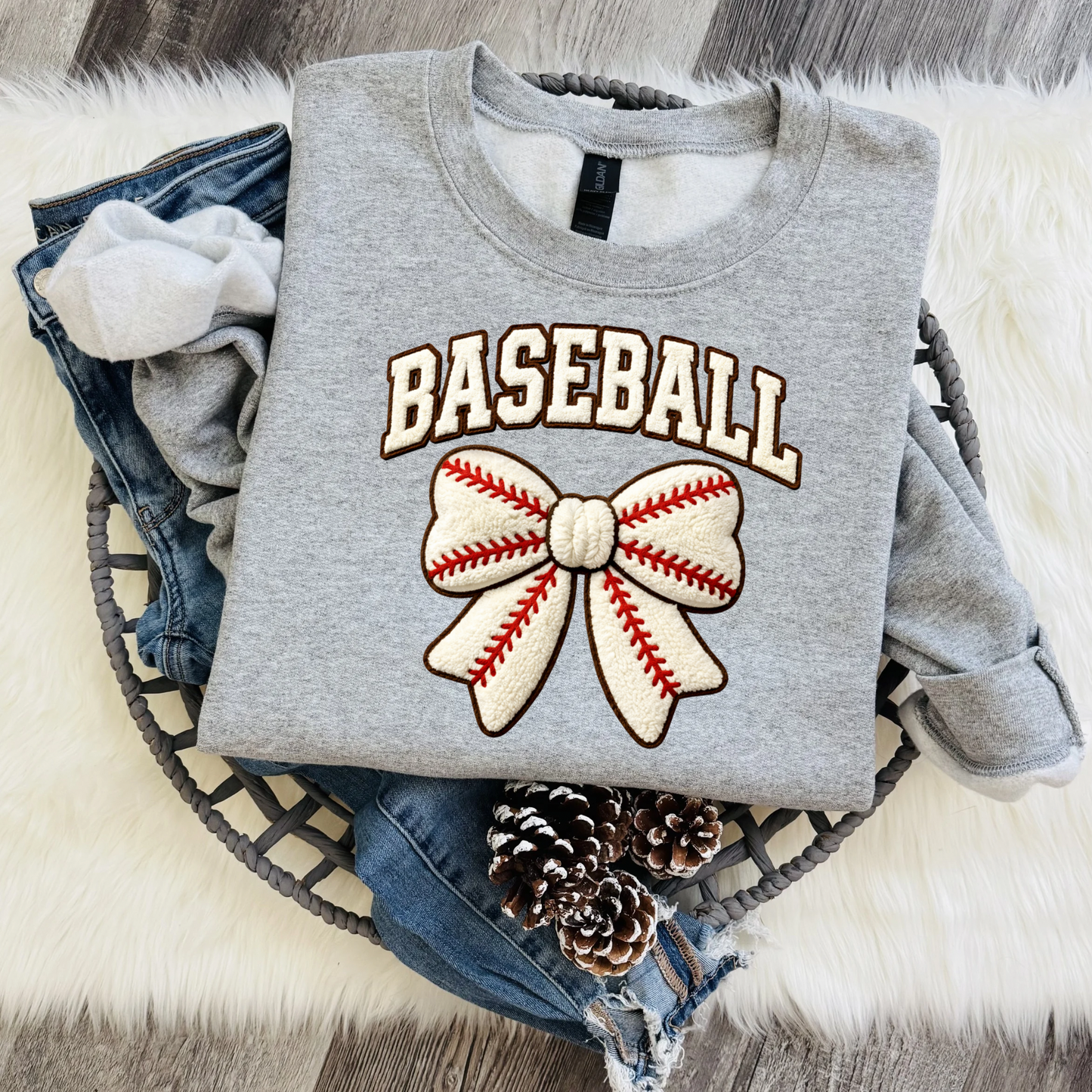 Baseball Bow Sweatshirt – Cute Girly Baseball Mom Crewneck, Cozy Game Day Outfit, Sports Mom Gift