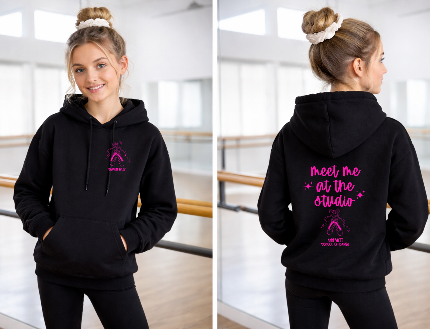 Custom dance hoodie with personalized name on front and dance studio on back, cozy sweatshirt for youth and adult dancers