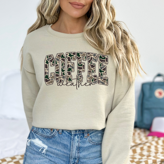 Coffee Weather Crewneck Sweatshirt | Camo Text Cozy Pullover | Coffee Lover Gift