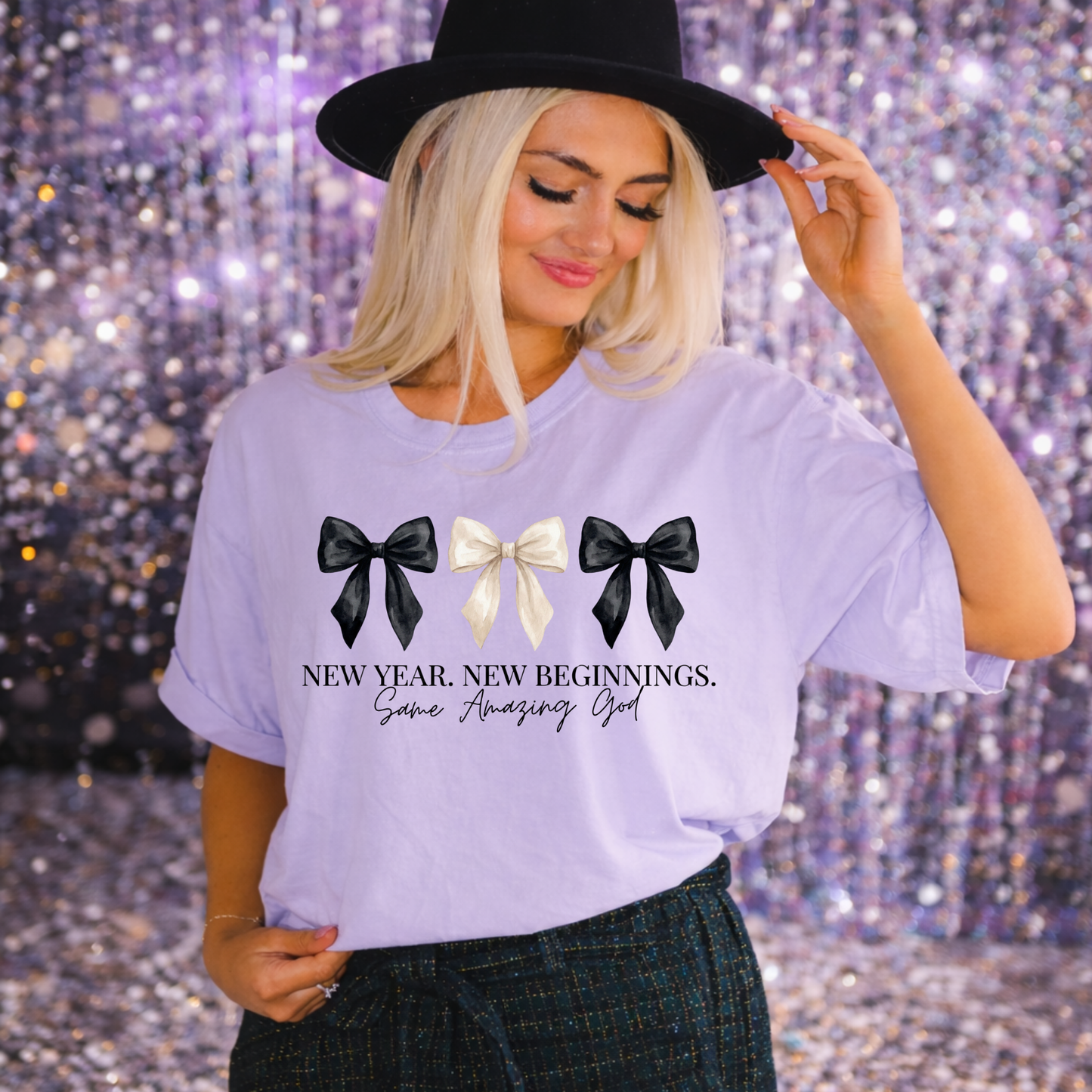 New Year New Beginnings Same Amazing God Comfort Colors Shirt | Christian New Year Tee with Bows | Faith Based Shirt for Women