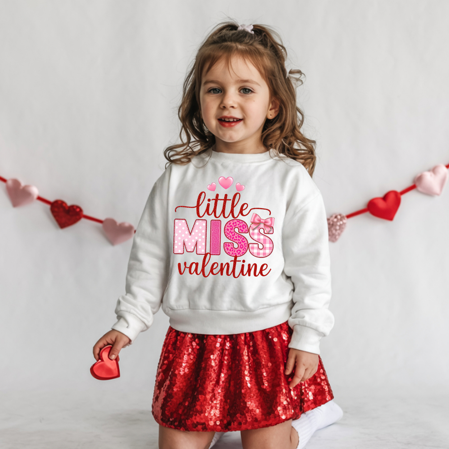 Little Miss Valentine Girls Crewneck Sweatshirt | Valentine’s Day Kids Sweatshirt | Cute Heart Valentine Outfit for Girls