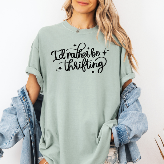 Grandmacore Comfort Colors shirt that says I’d Rather Be Thrifting in a cozy vintage thrift aesthetic design