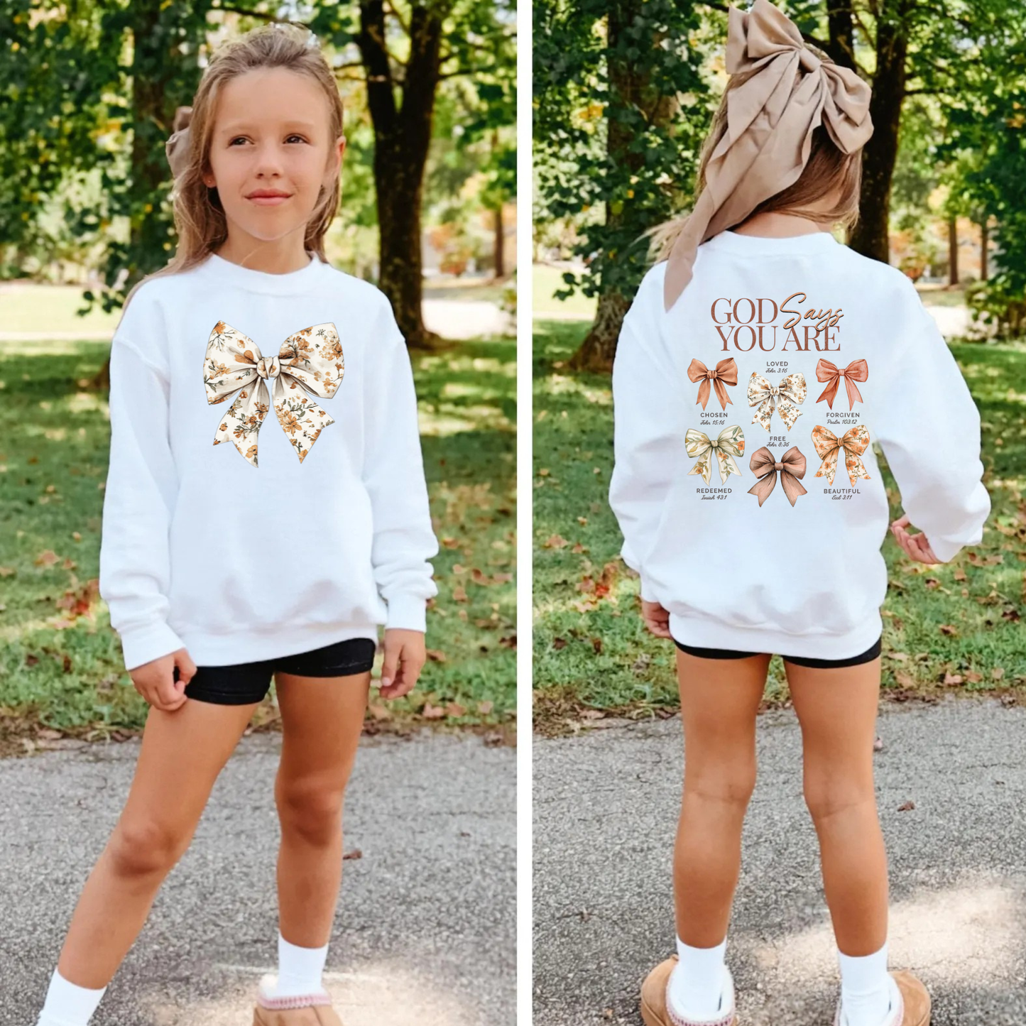 Girls “God Says You Are” Sweatshirt with Pink Bows | Faith-Based Girls Crewneck | Christian Gift