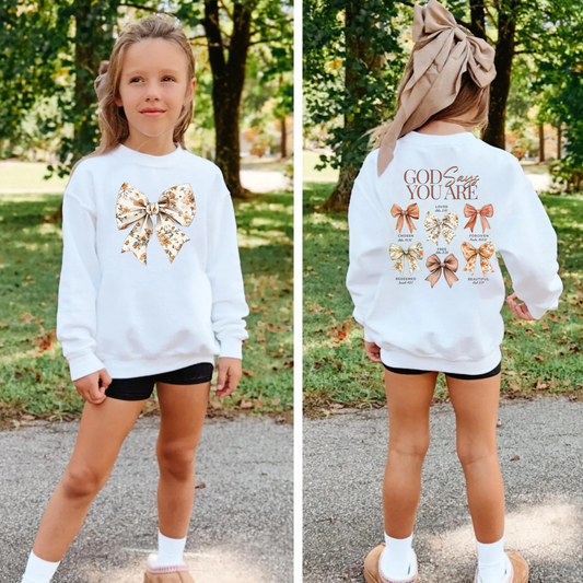 Girls “God Says You Are” Sweatshirt with Pink Bows | Faith-Based Girls Crewneck | Christian Gift
