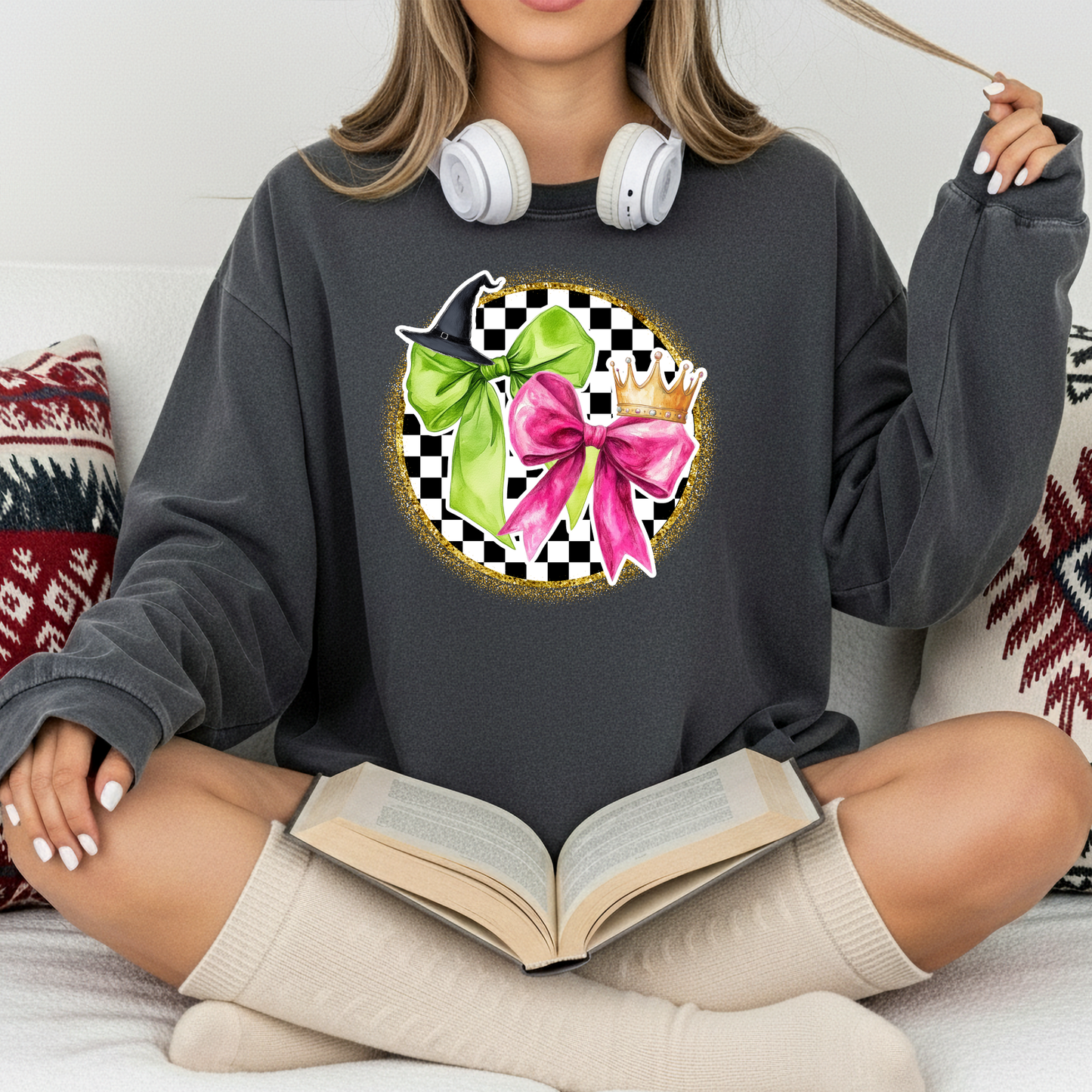 Green and Pink Witch Bows - Comfort Colors Short & Long Sleeve