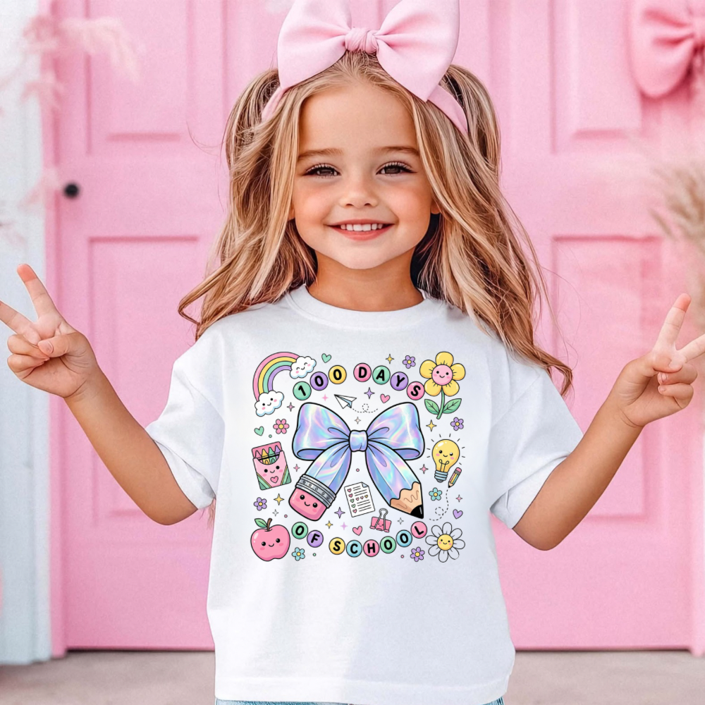 100 DAYS OF SCHOOL IRIDESCENT PENCIL BOW SHIRT