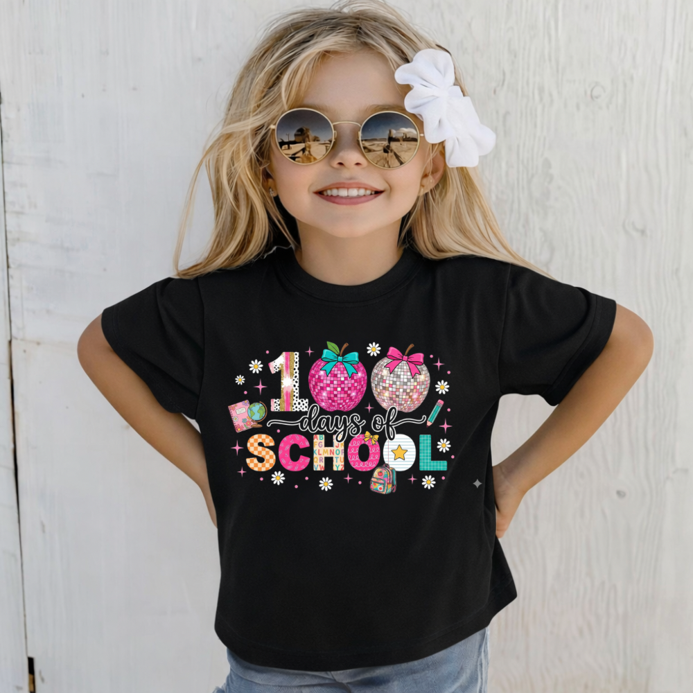 GIRLS 100TH DAY OF SCHOOL SHIRT WITH DISCO APPLES