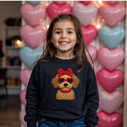 Girls Valentine’s Day Sweatshirt with Faux Yarn Doodle Dog | Cute Cozy Valentine Outfit | Gift for Girls