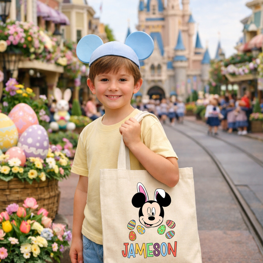 Custom Easter tote bag with kids name on natural canvas 15x16 reusable bunny egg hunt bag for toddlers and children