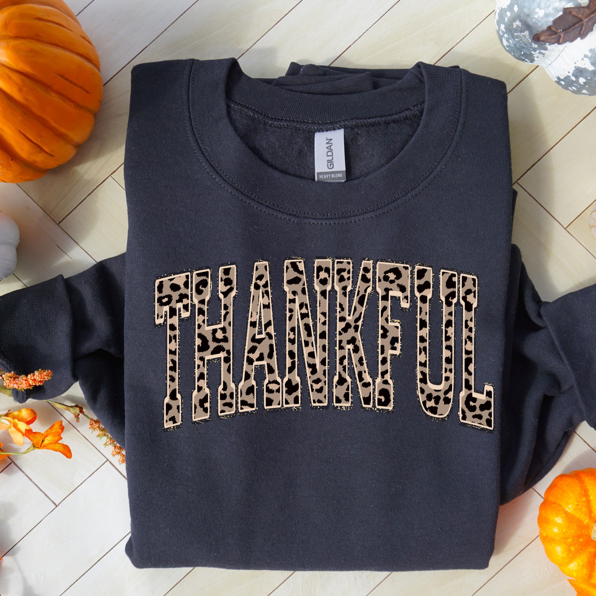 Thankful leopard print varsity sweatshirt on Gildan 18000 crewneck – cozy fall outfit