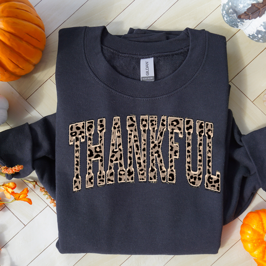 Thankful leopard print varsity sweatshirt on Gildan 18000 crewneck – cozy fall outfit